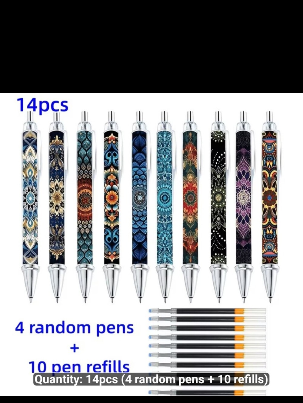 Set of 4 Decorative Mandala Pattern Ballpoint Pens with 10 Refills #1649-611